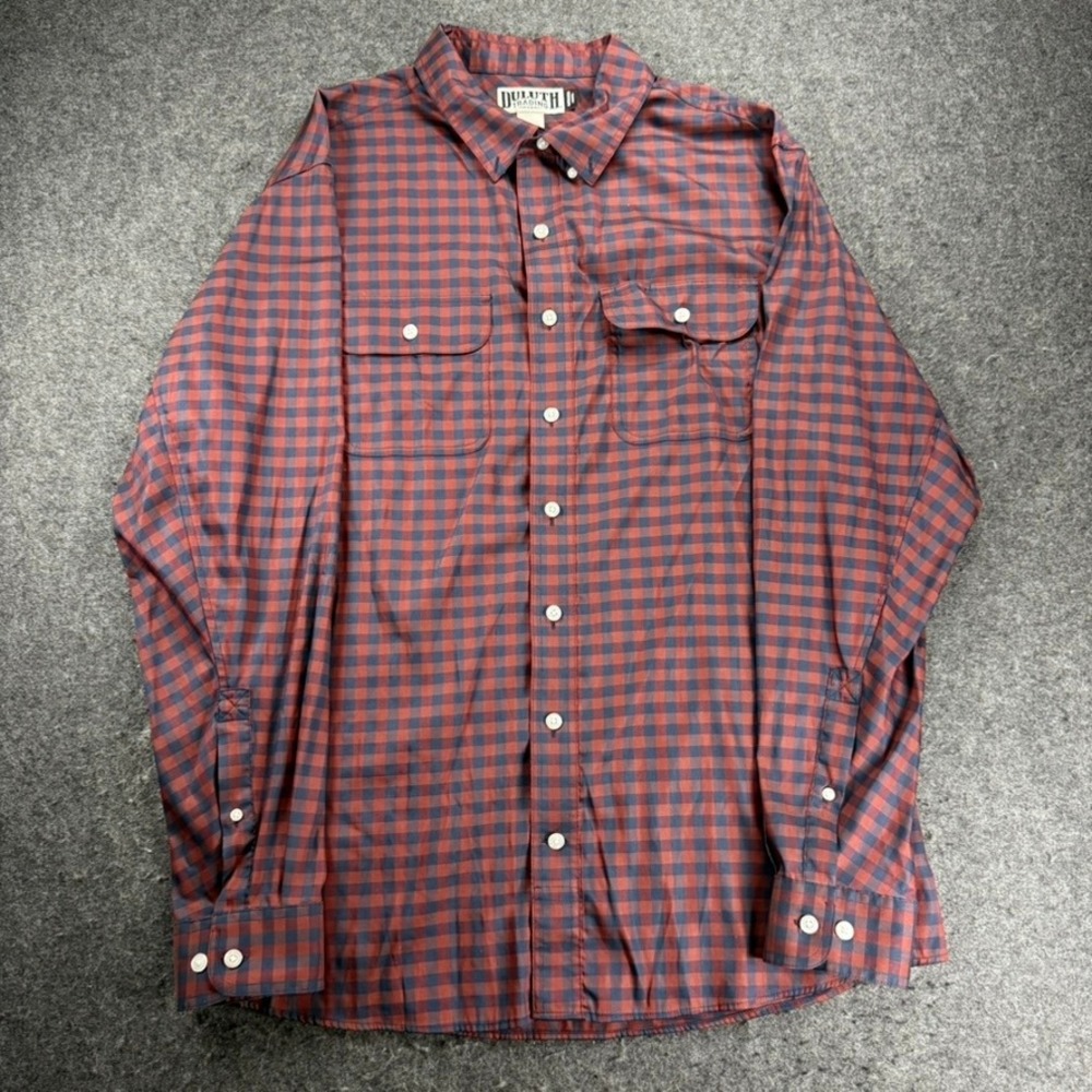 Duluth Trading XL Tall Plaid Button Down Shirt Mens Red Blue Performance Work
